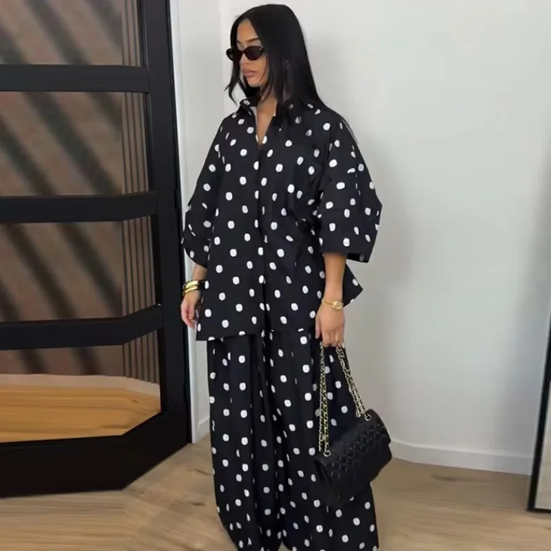 2026 Autumn Fashion Polka Dot Shirt Pants Set Elegant Lapel Three Quarter Top Wide Leg Trousers Vacation Lady Outfit Suit view 5