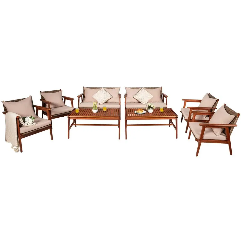 

8 PCS Patio Wood Sofa Set, Outdoor Acacia Wood Seating Chat Set with Cushions amp Coffee Table, Sectional Conversation Sofa Set