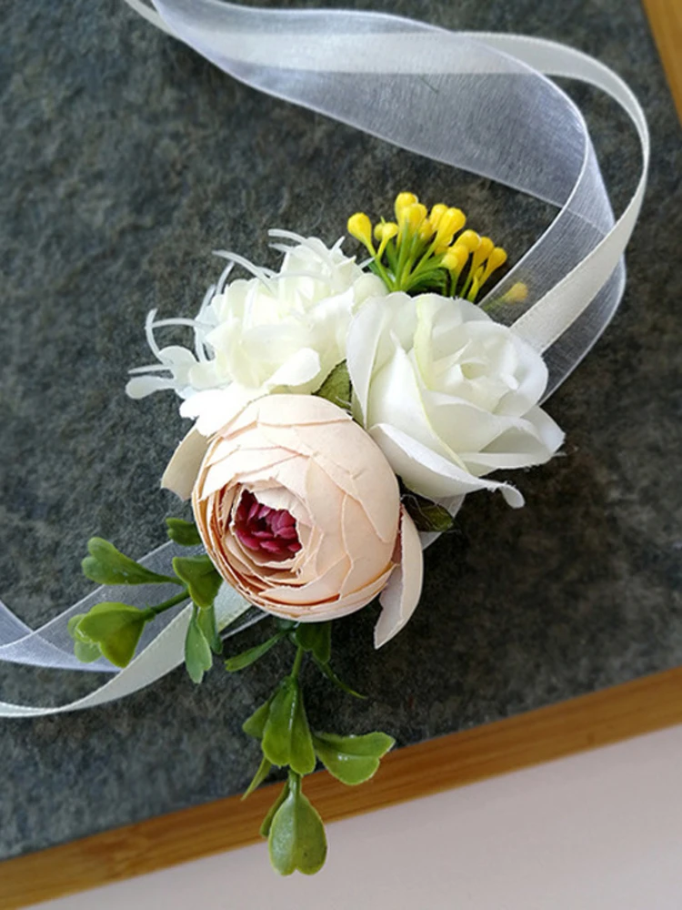 * 1 قطعة زهور الزفاف اليدوية العريس العروة أو العروس وصيفه الشرف اليد المعصم زهرة الحرير الأوروبي زهرة اصطناعية Corsag