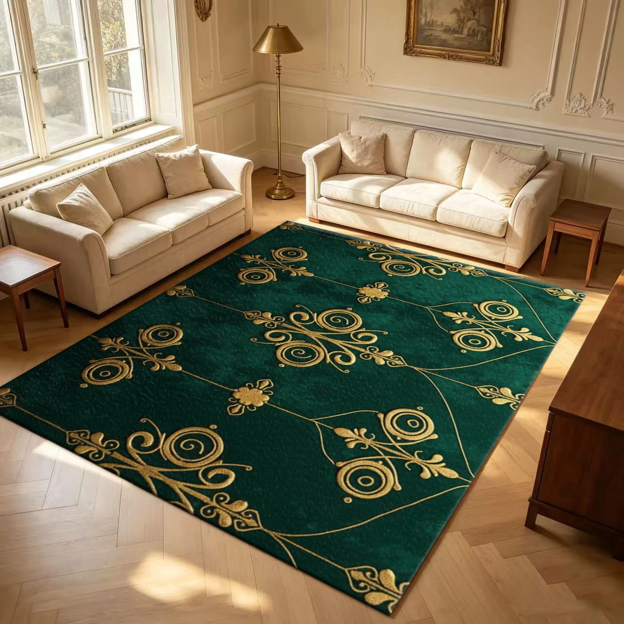 Luxurious Emerald Green and Gold European-Style Decorative Carpet, Noble Non-Slip Carpet Suitable for Living Room, Bedroom, and Home Decoration