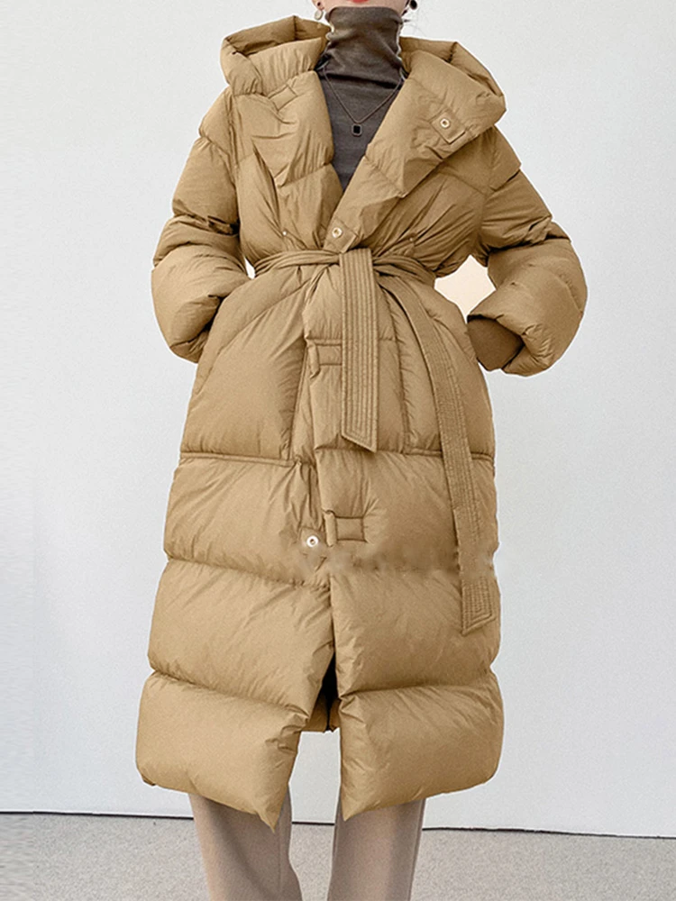 2023 New Oversize Hooded Winter Puffer Jacket Women Solid Thick Warm Sashes Tie Up White Duck Down Over The Knee Coat