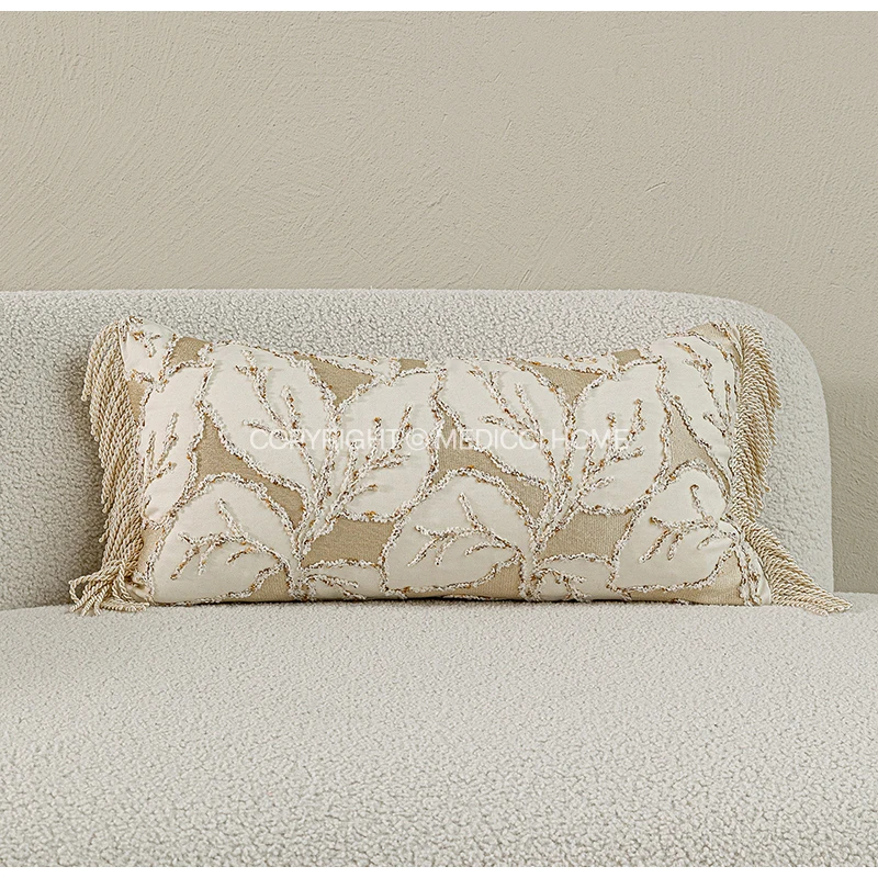 Medicci Home Painstakingly Design Throw Pillowcase Luxury Beige Gold Leaf Embroidered Cushion Cover 50x50 For Sofa Couch Bedroom