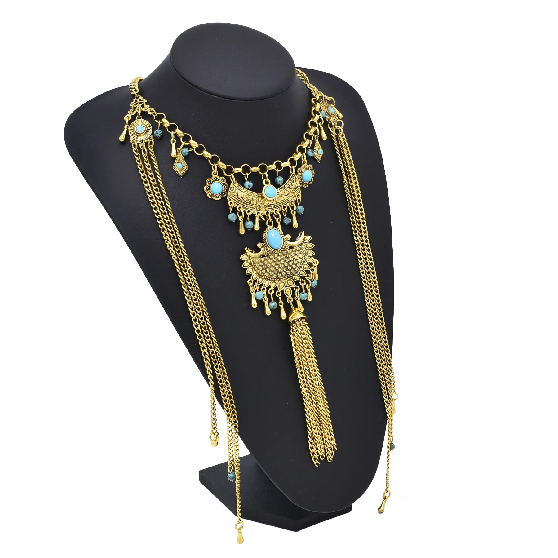 Vintage goldene silbrige Statement-Halskette für Frauen, bunte Strasssteine, lange Ketten, Halsketten, Gypsy, Boho, ethnischer Halsschmuck – Detail 34
