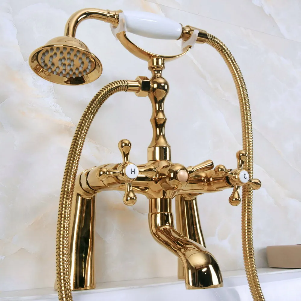 

Luxury Golden Brass Double Handle Deck Mounted Bathroom Bath Tub Faucet Set with 1500mm Hand Held Shower Spray Mixer Tap 2na152