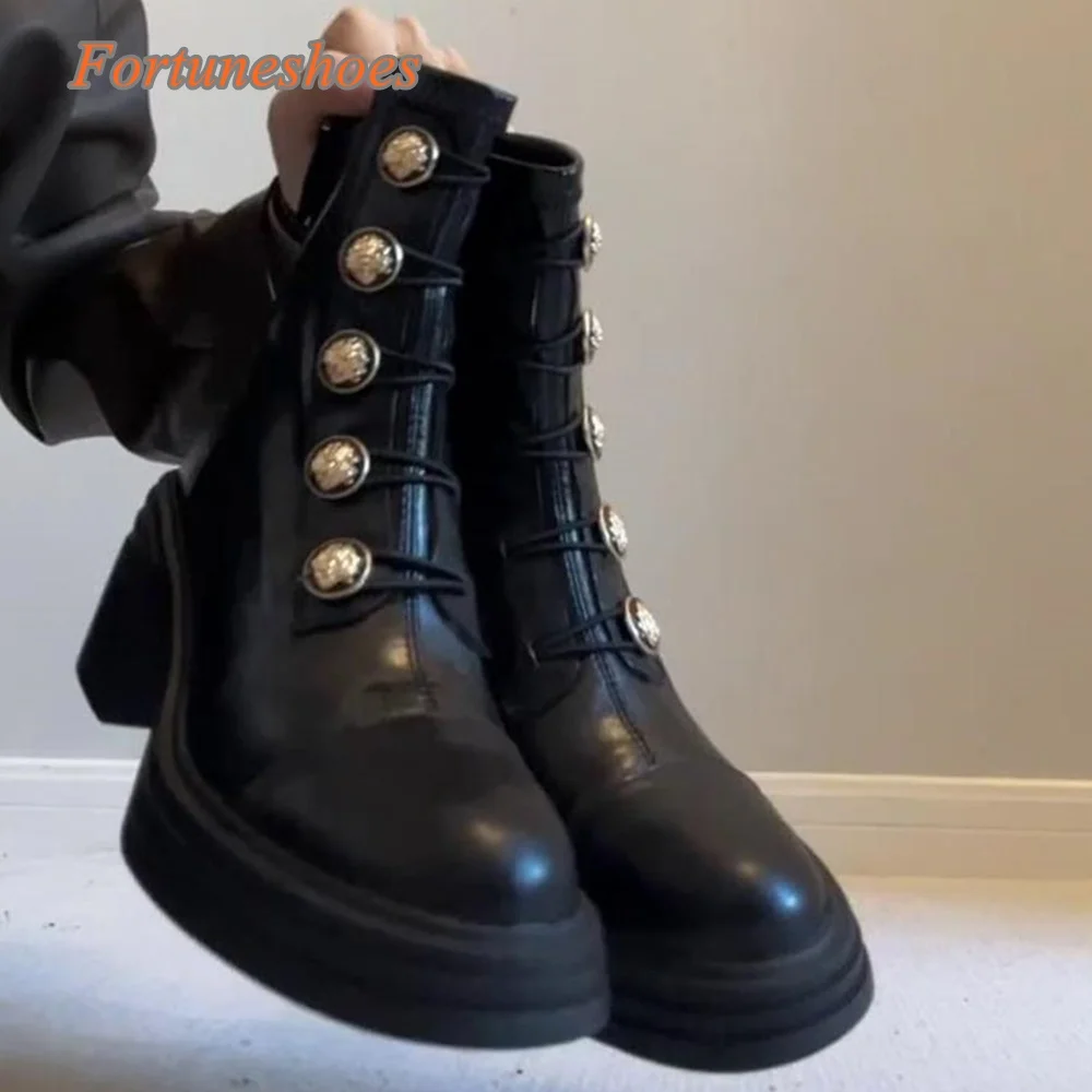 Botão de metal botas de dedo do pé redondo salto grosso meados de bezerro sólido volta zíper botas femininas 2025 mais novo primavera/outono moda botas casuais