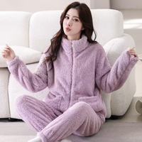 New Coral Velvet Sleepwear Woman Autumn/Winter Stand collar Zipper Warm Home Clothing Set Casual Women's Two Piece