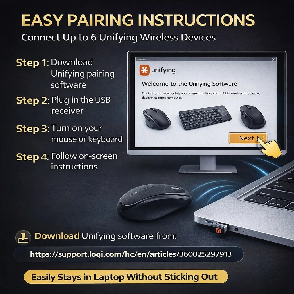 Unifying USB Receiver For Wireless Mouse & Keyboard, Replacement Dongle, Pair Up to 6 Devices, 2.4GHz USB Adapter
