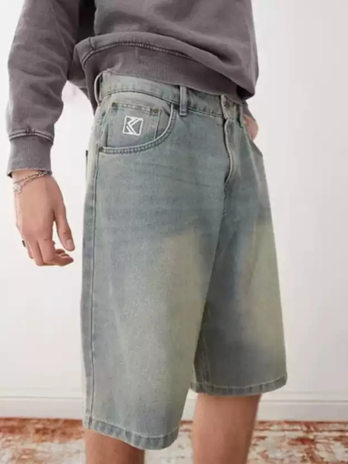

Retro Vintage Embroidered Cotton Denim Jeans Loose Fit Summer Mens Casual Straight Leg Five Pocket Design American Style