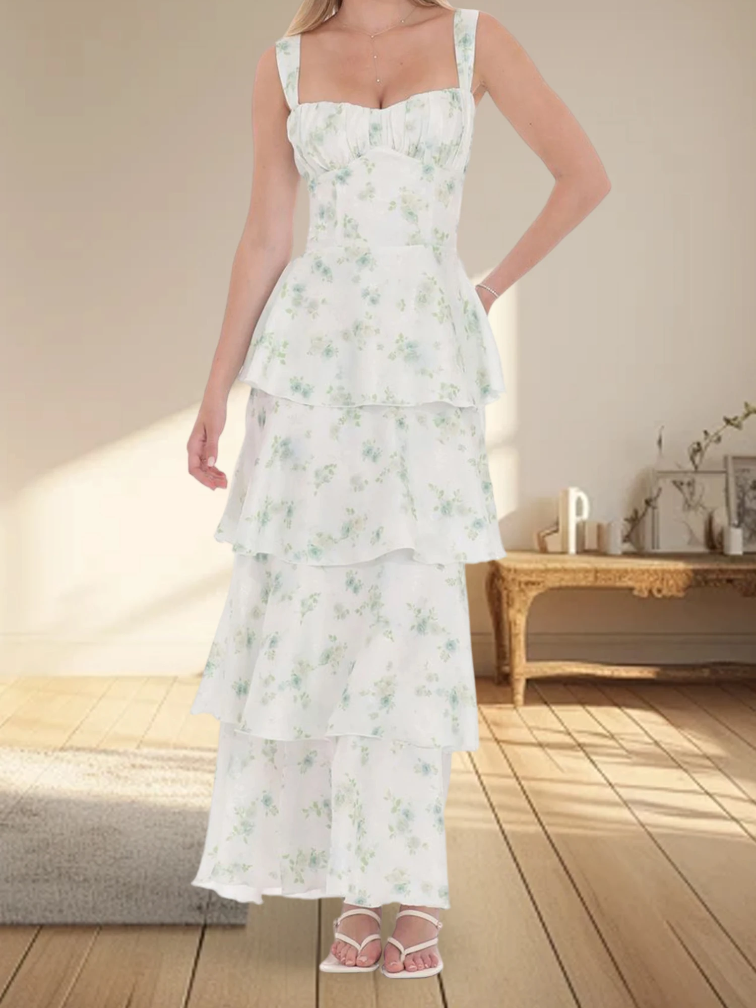 Women s Boho Floral Print Sleeveless Maxi Dress with Open Back and Tiered Ruffle Hem for Summer Beach Vacation
