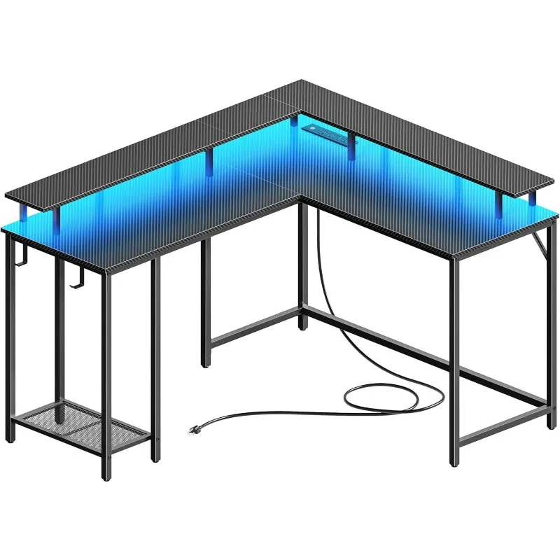 L Shaped Gaming Desk with LED Lights & Power Outlets, Computer Desk with Monitor Stand and Headphone Hooks, Carbon Fiber Black