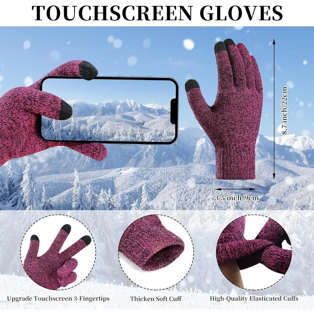 الشتاء الدافئة قبعة صغيرة قفازات لمس طقم وشاح طويل للنساء مع عقال، قبعة متماسكة الأوشحة مع شرابة للنساء