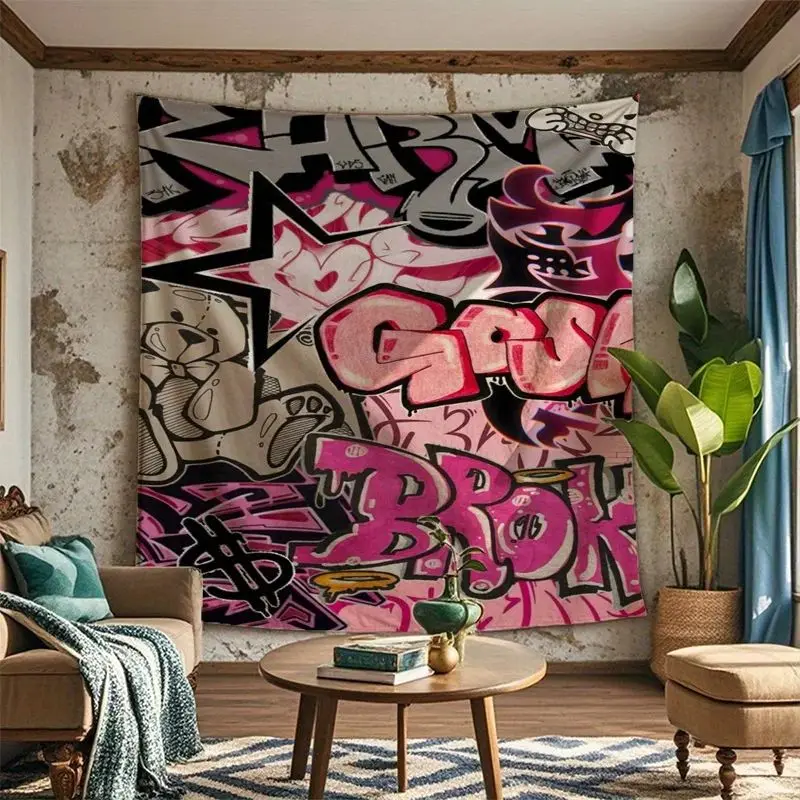 New Bright Pink Graffiti Wall Fabric, Bold Street Art Style Popular Tapestry, Fashionable Home Decoration Gift.