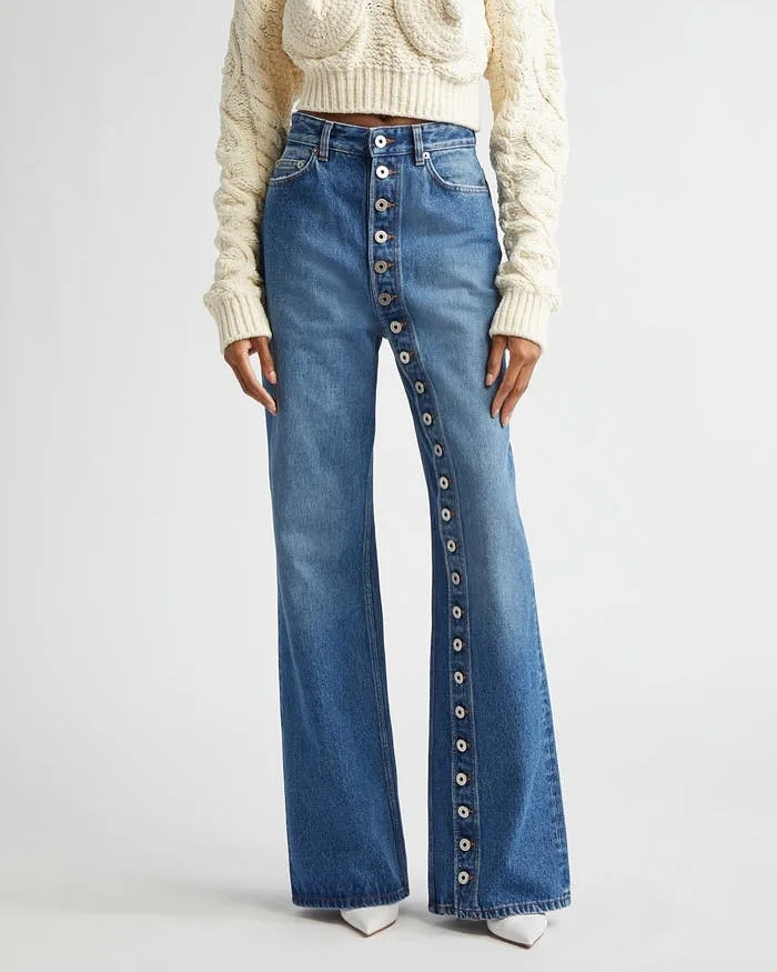 

Модные женские джинсы с высокой талией и широкими штанинами, прямые, с множеством пуговиц, в стиле ретро, весенняя новинка, уличный стиль