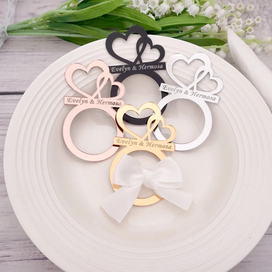 Preciosos anillos personalizados para servilletas de boda, decoración para fiesta de compromiso, diseño personalizado de doble corazón para banquete, 5,5x9,5 cm