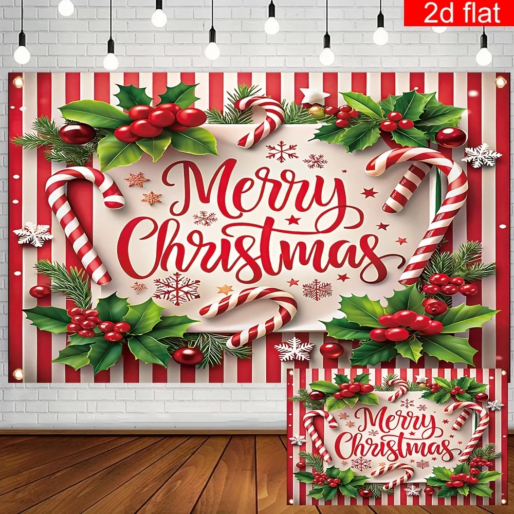 عيد ميلاد سعيد نسيج أحمر أبيض مخطط قصب الحلوى لحفلات العطلات الداخلية والخارجية بوليستر متين وسهل التعليق #2