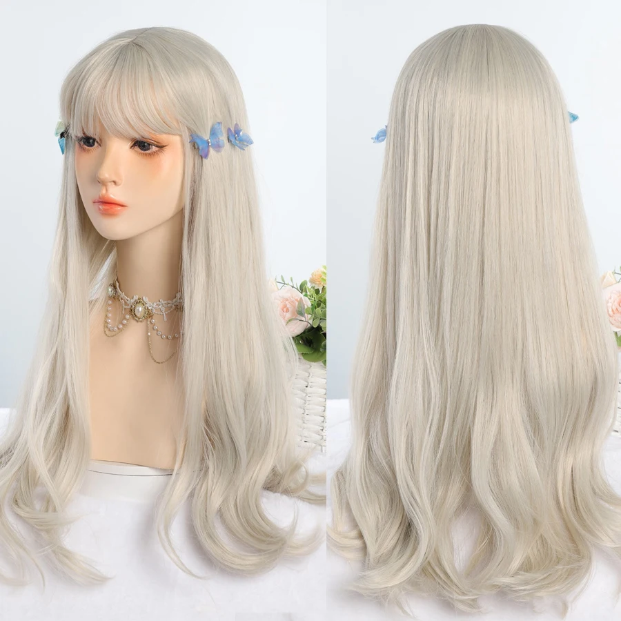 LANLAN Platinum Blonde Long Natural Wavy Synthetic Hair Wigs with Bangs Cosplay Party Halloween Wig for Women Heat Resistant