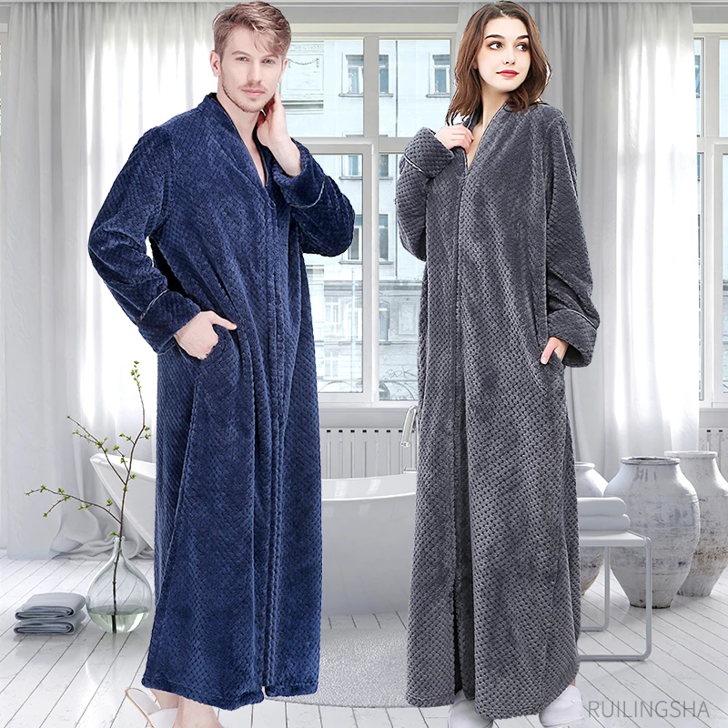 

Men Winter Zipper Extra Long Warm Ananas Flannel Bathrobe Plus Size Coral Fleece Bath Robe Shower Sleepwear Women Gown Pajamas