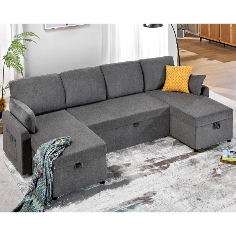 Oversized Sleeper Sofa 110 Inch 2 in 1 Pull Out Bed Sectional Couch with Storage Chaise Grey Linen