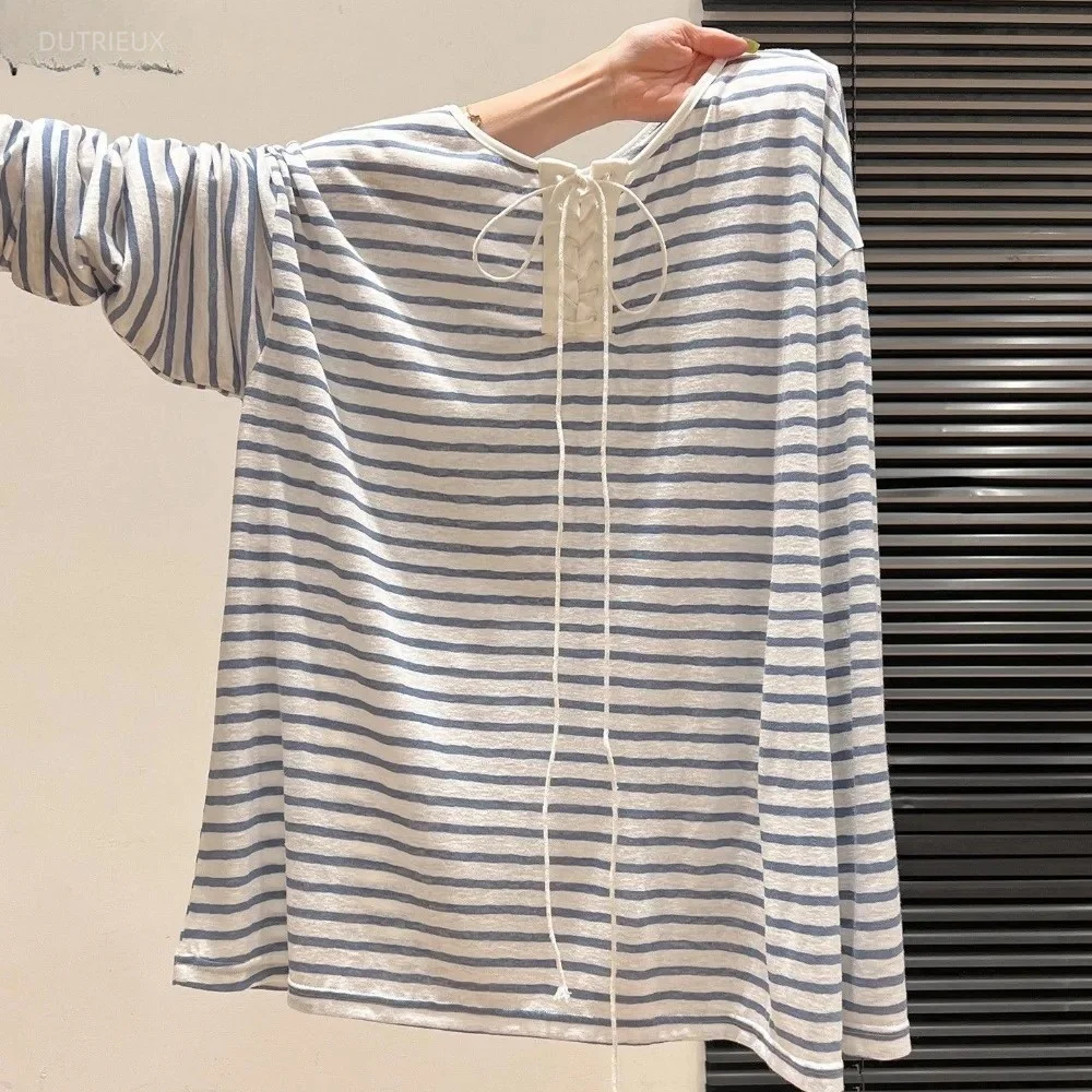 Lace-up Bow Women's T-shirts Loose Round Neck Ropa mujer Casual Long Sleeve Clothes Spring Autumn Tops Roupas Feminina
