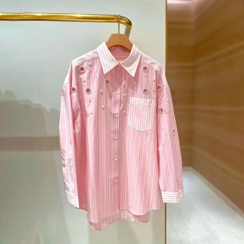 

Новая женская рубашка S Home весна-лето с жемчужными полосками и стразами, повседневная, из чистого хлопка, с длинным рукавом, на пуговицах