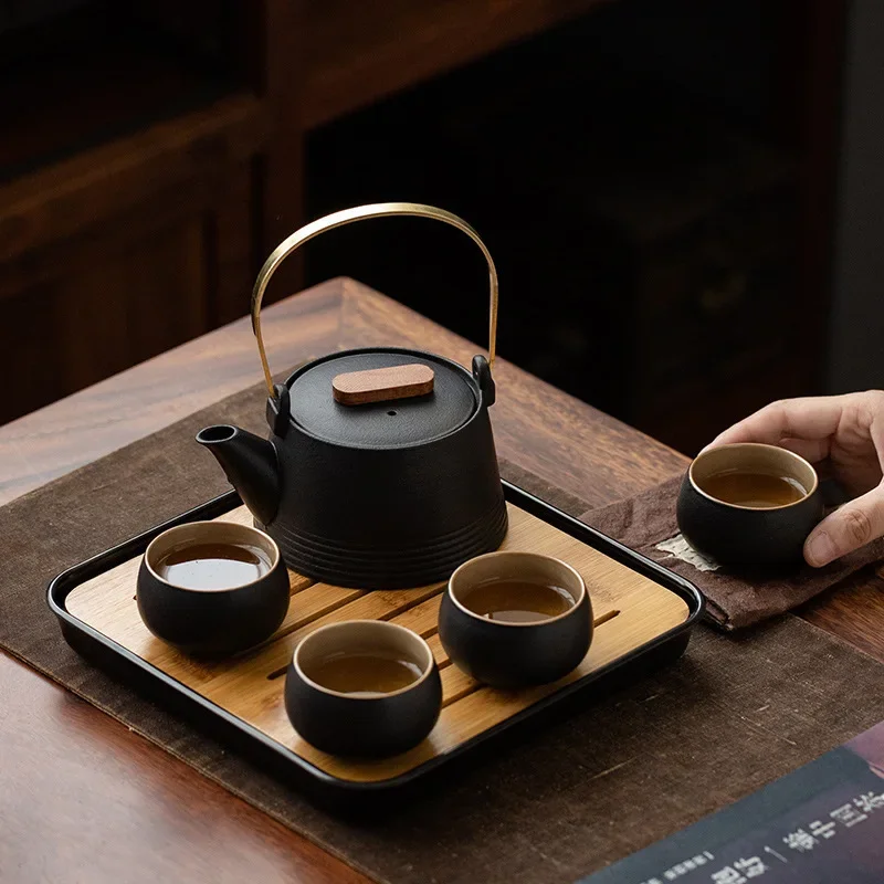 Travel Tea Set, Black Ceramic Teapot, One Pot, Four Cups, Tea Tray, Portable Business Gift Chinese Ceramic Teapot Kung Fu Teaset