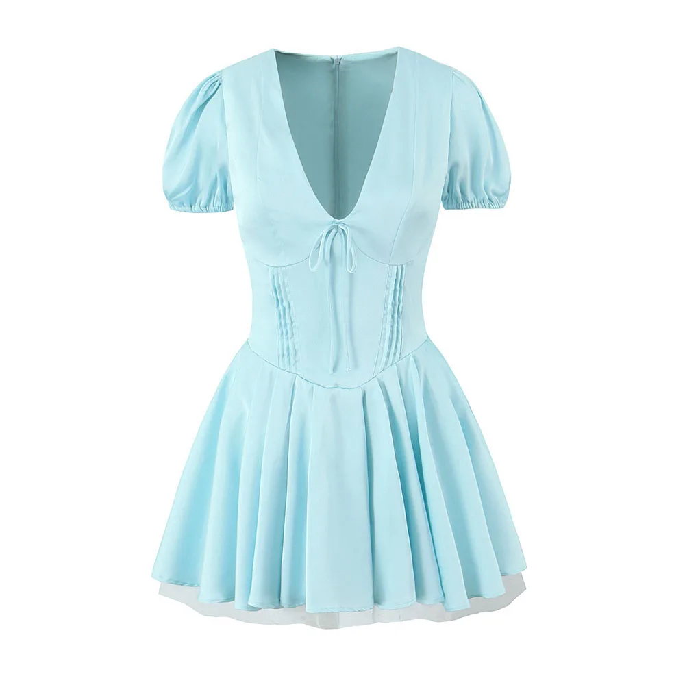

Autumn 2024 new women's fashion slim and slim temperament French sweet three-layer V-neck solid color princess dress