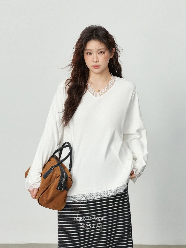 

plus Size Women's Long Sleeve Lace Patchwork V-Neck Base Shirt Loose Fit Slimming Top White Cotton Commute Style Korean Version