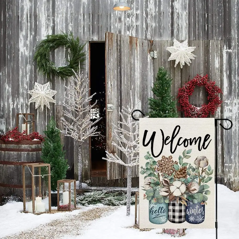 CROWNED BEAUTY Winter Garden Flag Floral Mason Jar 12x18 Inch Small Double Sided Yard Decorative Holiday Seasonal Outside Welcom