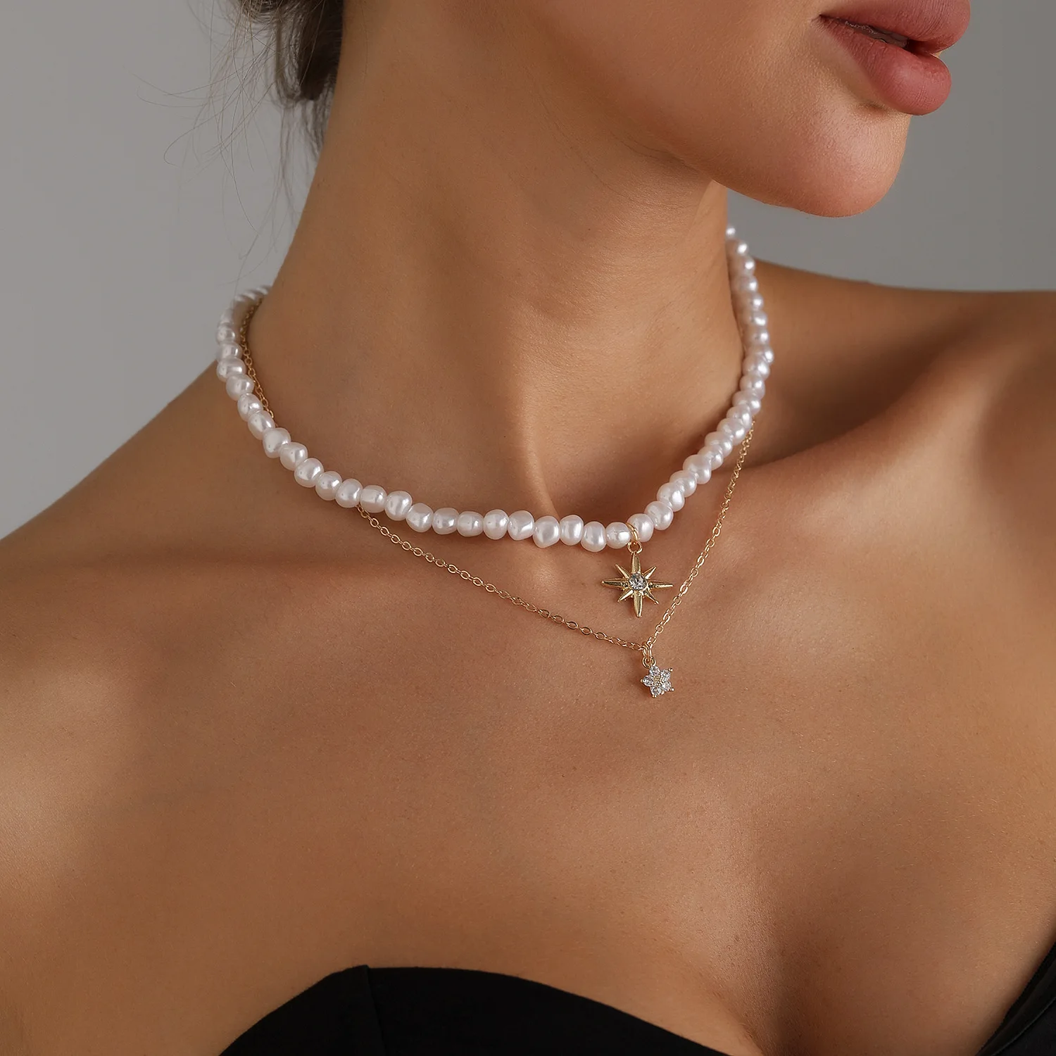 Pearl necklace, suitable for women to wear, sweet, cool, gentle, girlish style, set with diamond pentagram fashion