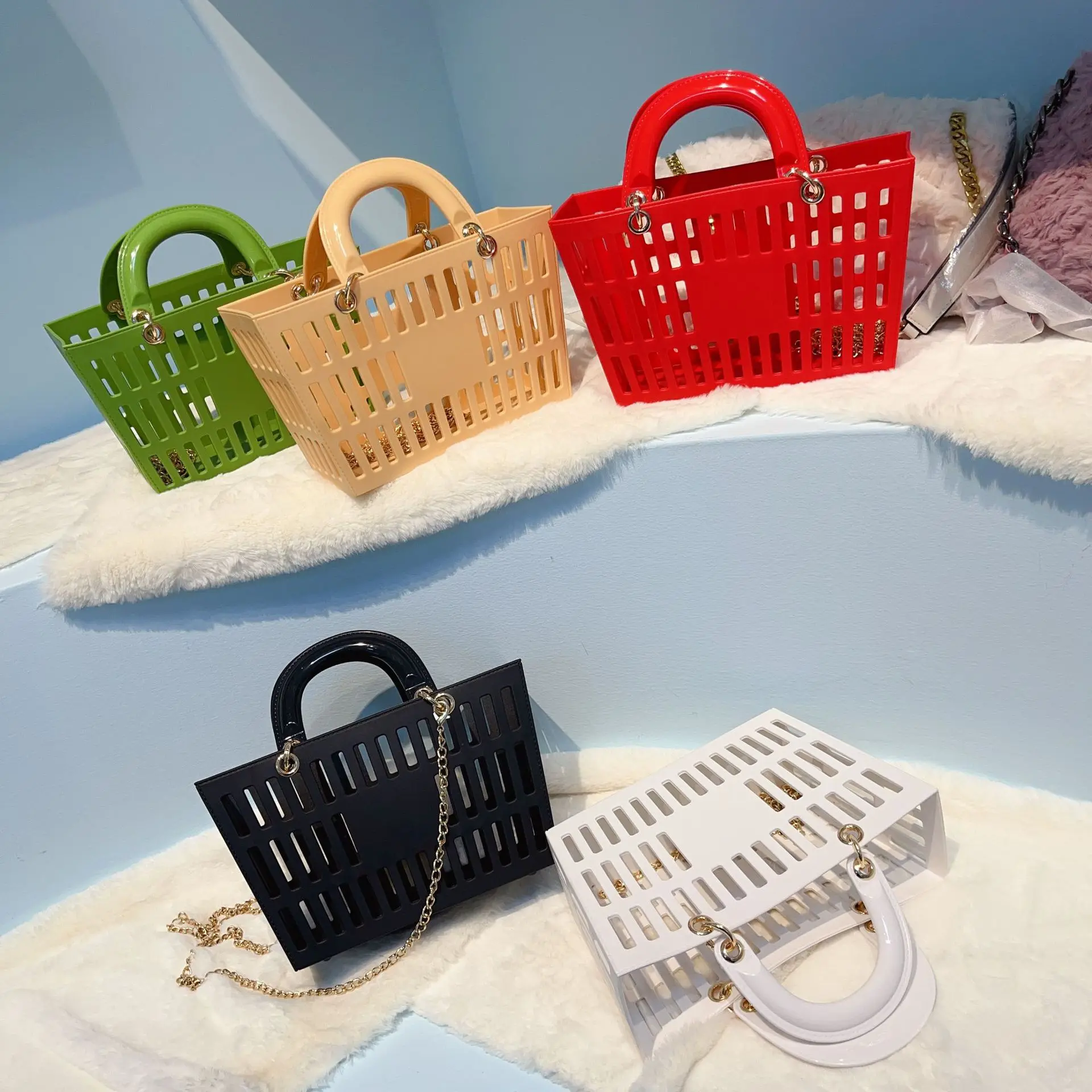 

Supermarket Basket Jelly Bag Large Capacity Handbag For Women PVC Hollowed Out Beach Bag Tote Bag GDB070