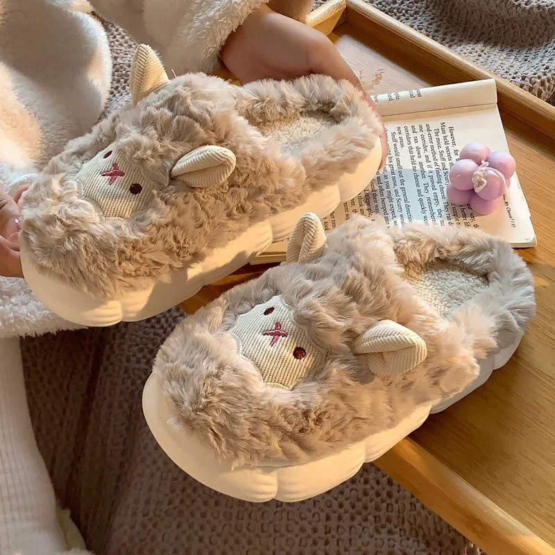 

Cotton Slippers Female Autumn and Winter Couple Home Indoor Plush Slippers Cute Sheep Non-slip Warm Slides Male Flat Shoes