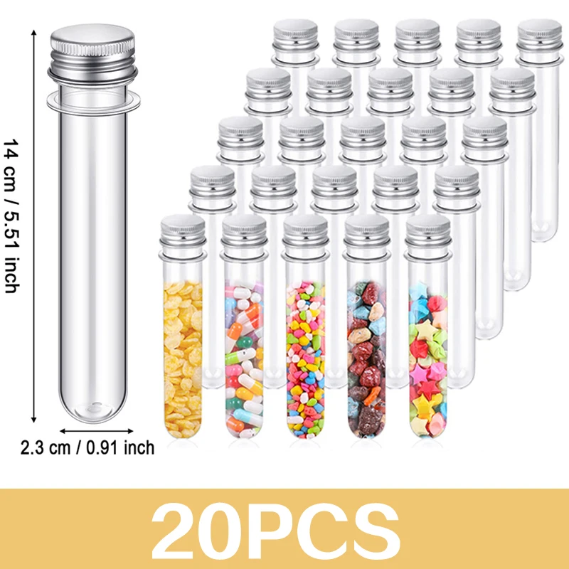 Tubos de ensayo transparentes de 40ml con tapas, tubos de almacenamiento de plástico de 140x23mm para plantas de Gumball, especias, dulces, experimentos científicos, 20 piezas