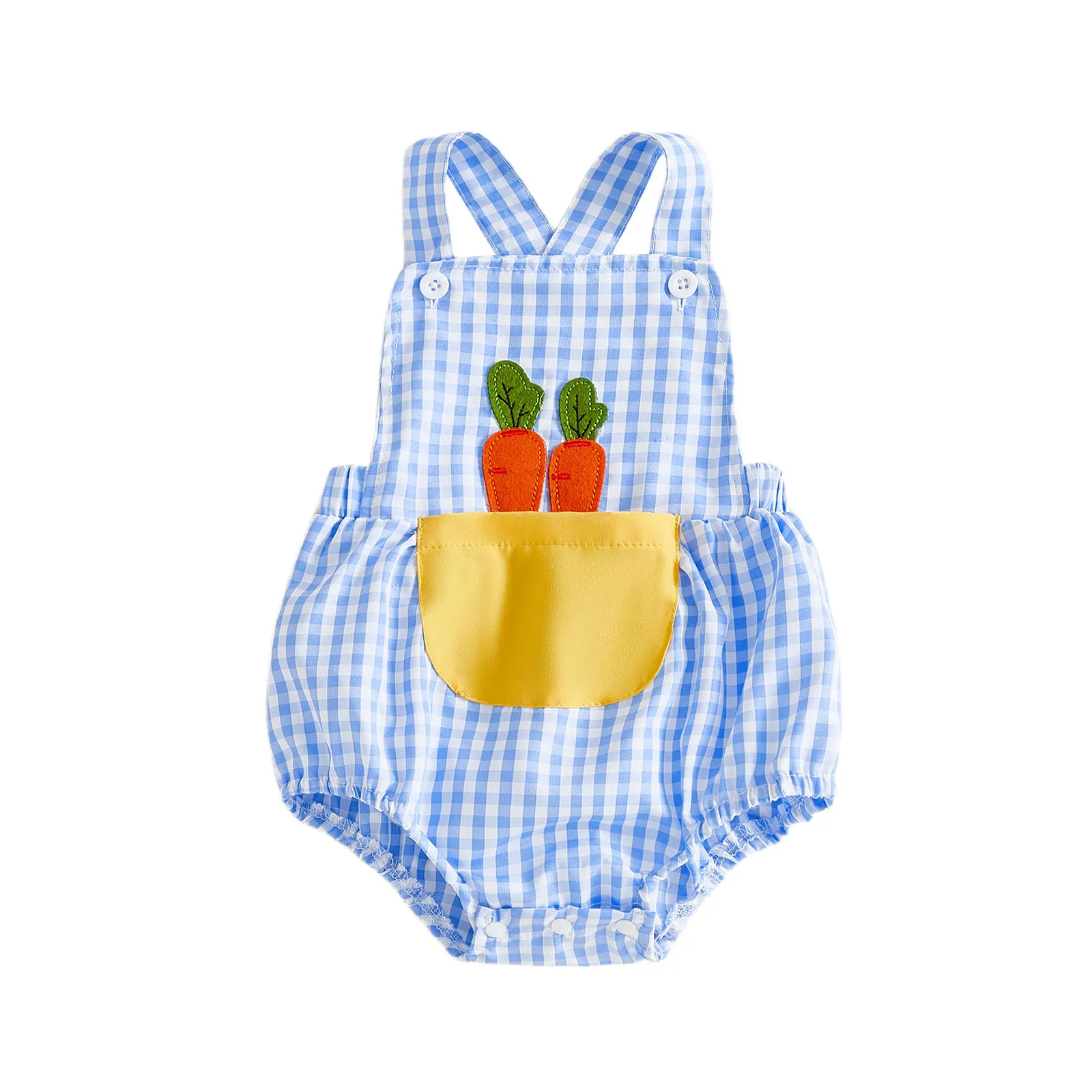 Baby Boy Easter Plaid Romper Overalls Carrot Embroidery Sleeveless Square Neck Jumpsuit