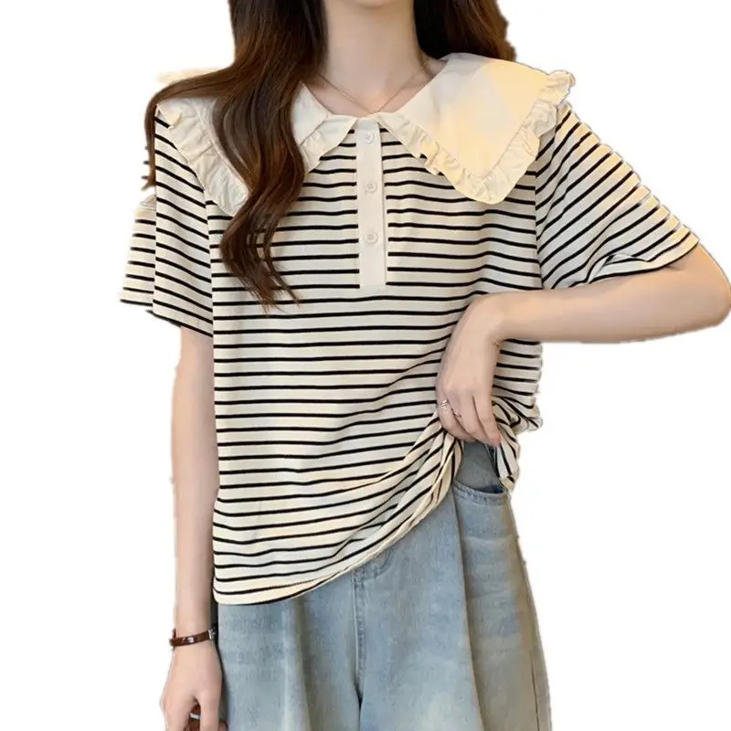 Summer New Casual Striped T Shirt Tops Short Sleeve Loose All-match Plus Size Youth Pullovers Vintage Fashion Women Clothing