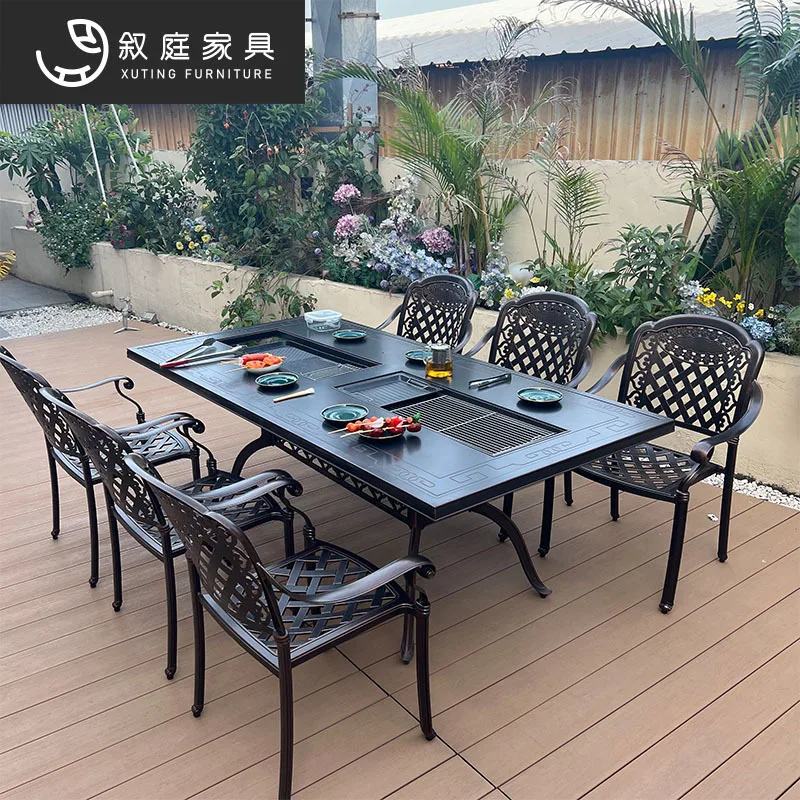 Outdoor barbecue table and chairs courtyard open-air carbon grill villa garden leisure home European outdoor cast aluminum elect