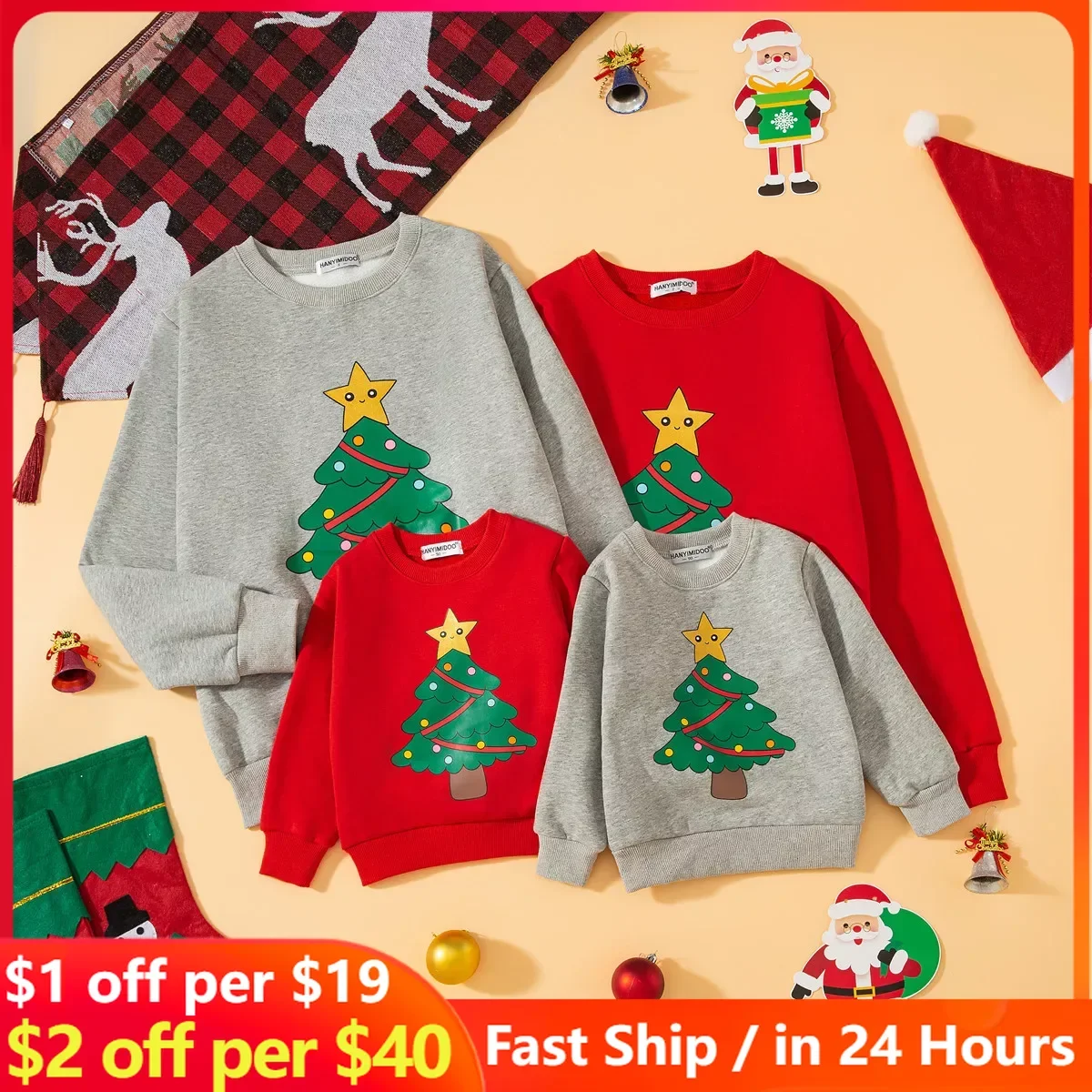 

Christmas Parent-child Pullover Wear Velvet Christmas Tree Crewneck Sweatshirt Thickened Family Matching Outfits Mommy and Me