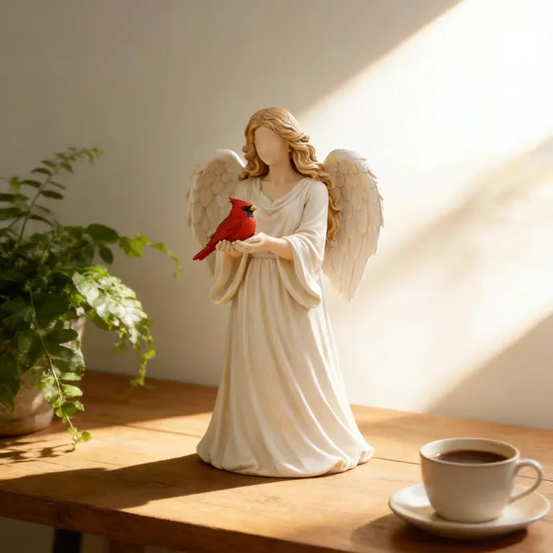 Angel holding cardinal bird resin ornament retro white wings angel home entrance crafts