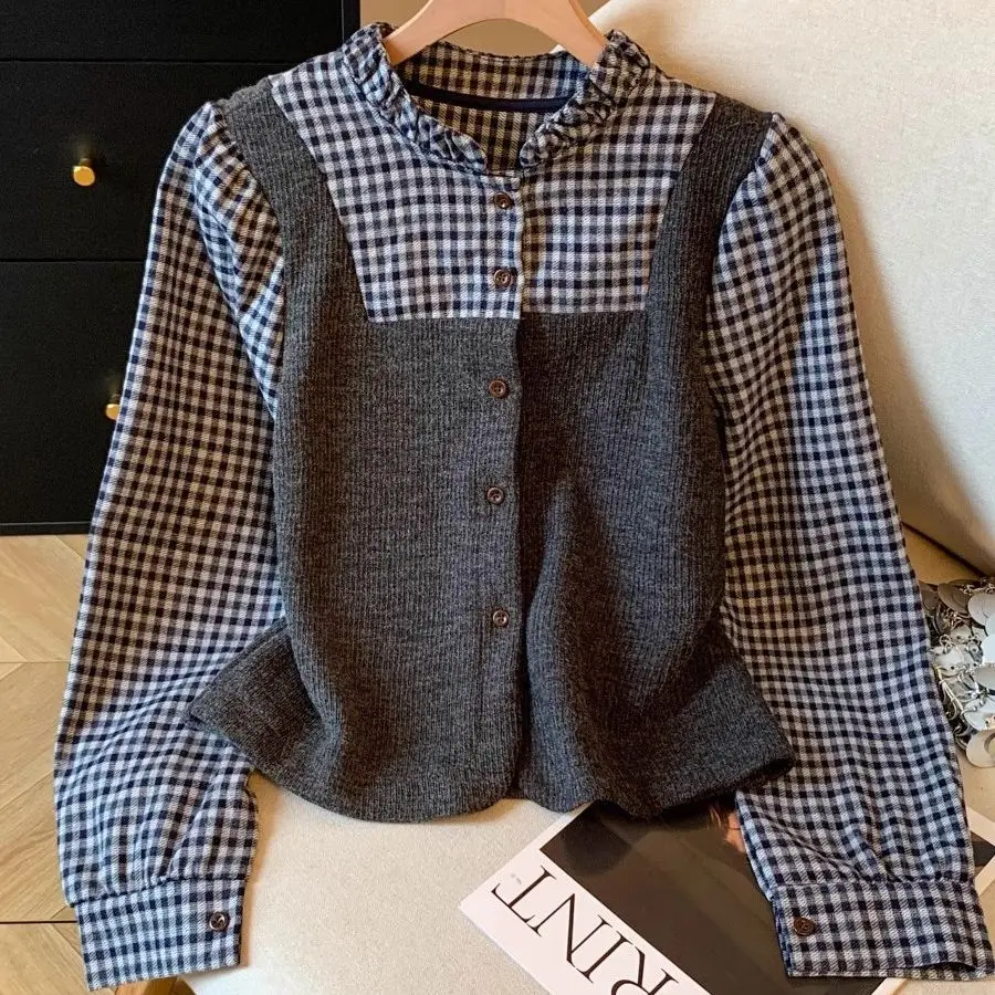 Shirt Black Gray Checkered Patchwork Fake Two-piece Long Sleeved Shirt Autumn New Design Niche Stand Up Collar Knitted Top