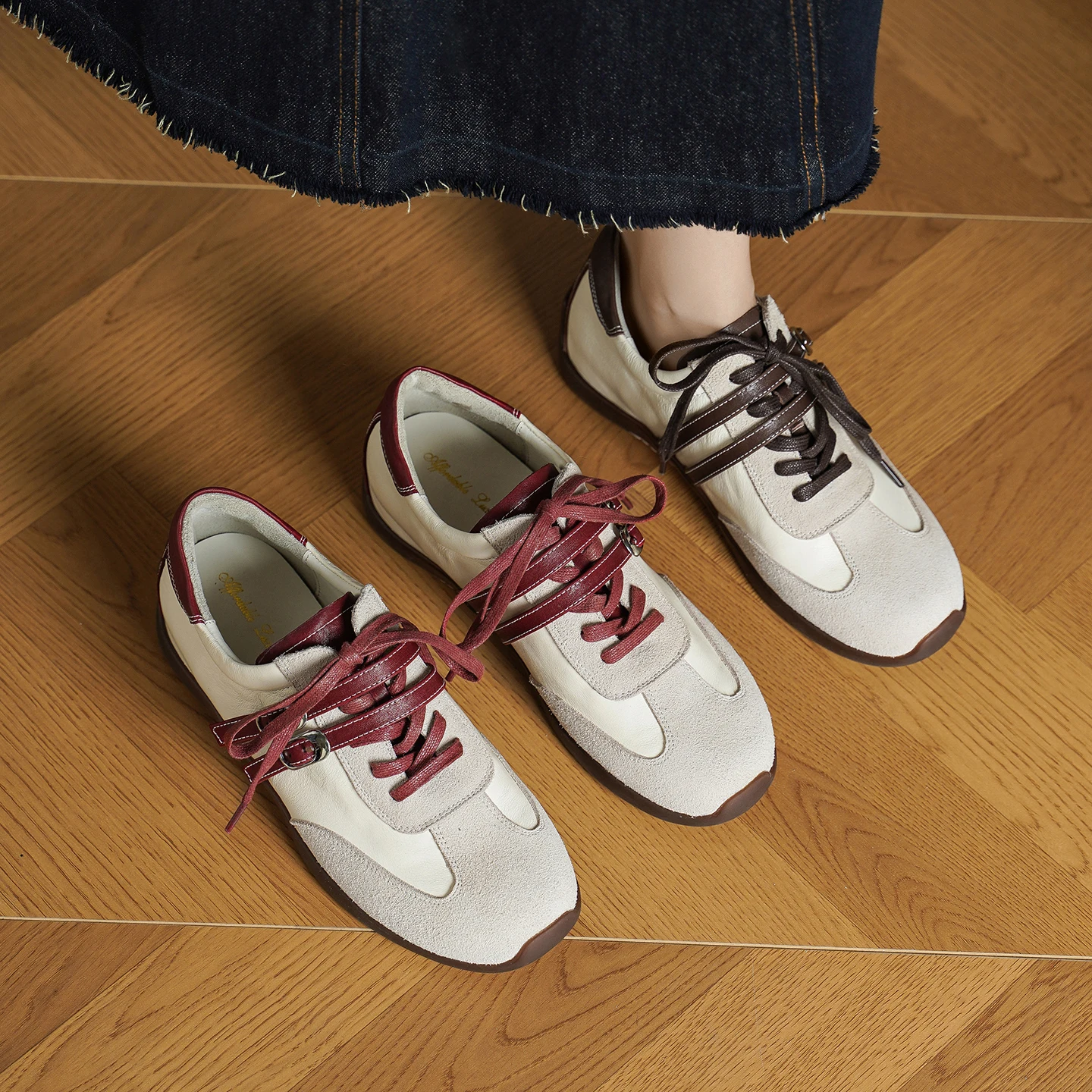 2026 spring autumn women pumps natural leather 22-25cm cowhide+cow suede+sheepskin round toe lace-up loafers wedges women shoes
