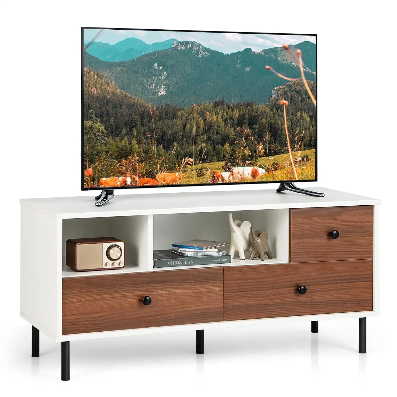 Farmhouse TV Stand 50-inch with 2 Cubbies & 3 Drawers, Entertainment Center Storage Cabinet Living Room White Walnut, Customized