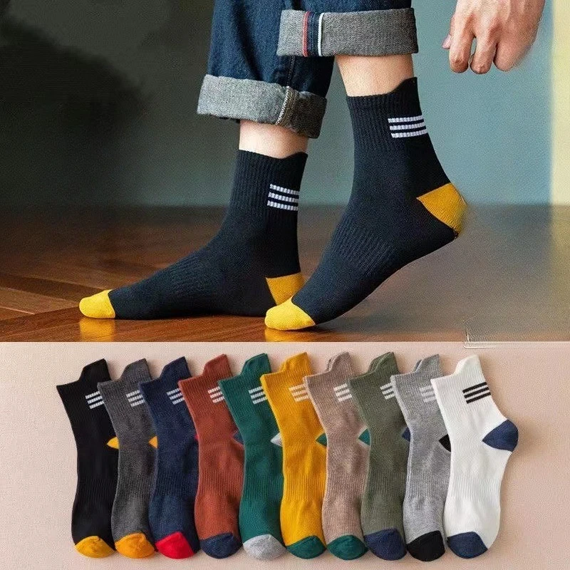 10 pairs Men's new autumn comfortable mid length tube warm heel lifting three bar sports long socks fashion simple men's socks