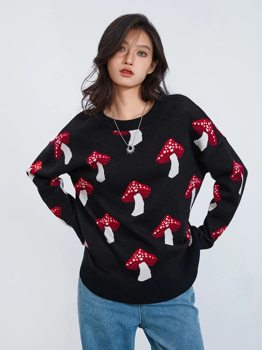 wsevypo Mushroom Print Loose Knit Sweaters Fall Winter Women's Casual Pullovers Street Basic Long Sleeve Crewneck Jumpers