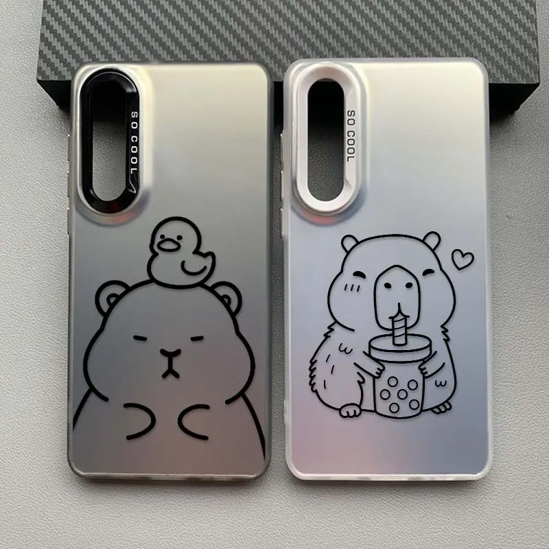 Cartoon Line-Art Capybara For Samsung Galaxy A56 A55 A54 A53 A51 A25 A16 A06 A04e Colorful Silver Phone Case Cover