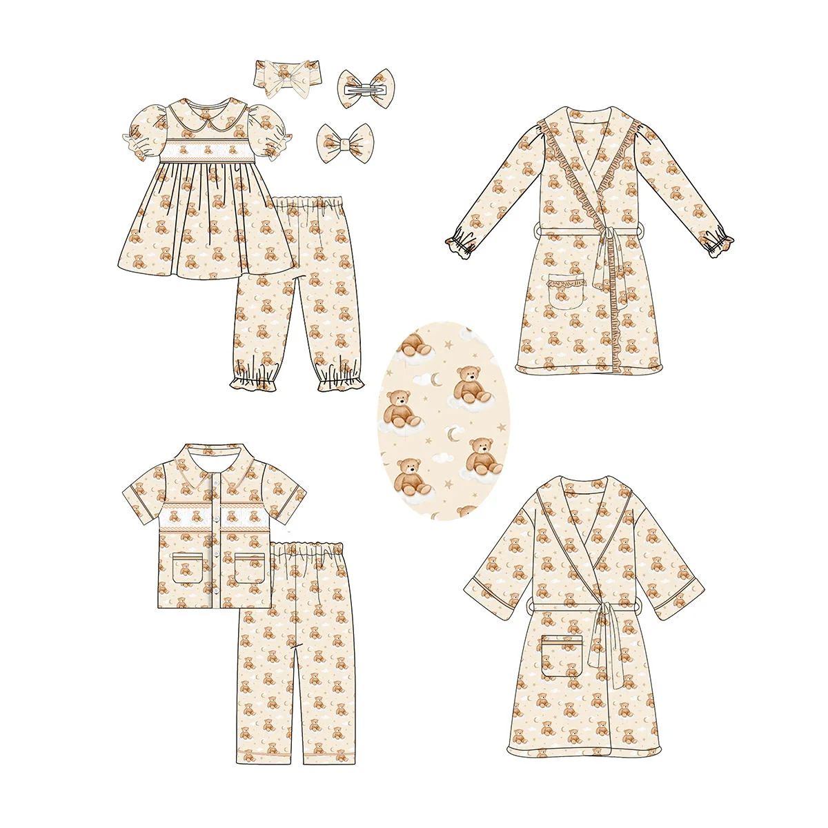 New boutique children's suit lapel short sleeve elastic moon cloud cartoon print trousers girls and boys pajamas set baby robe