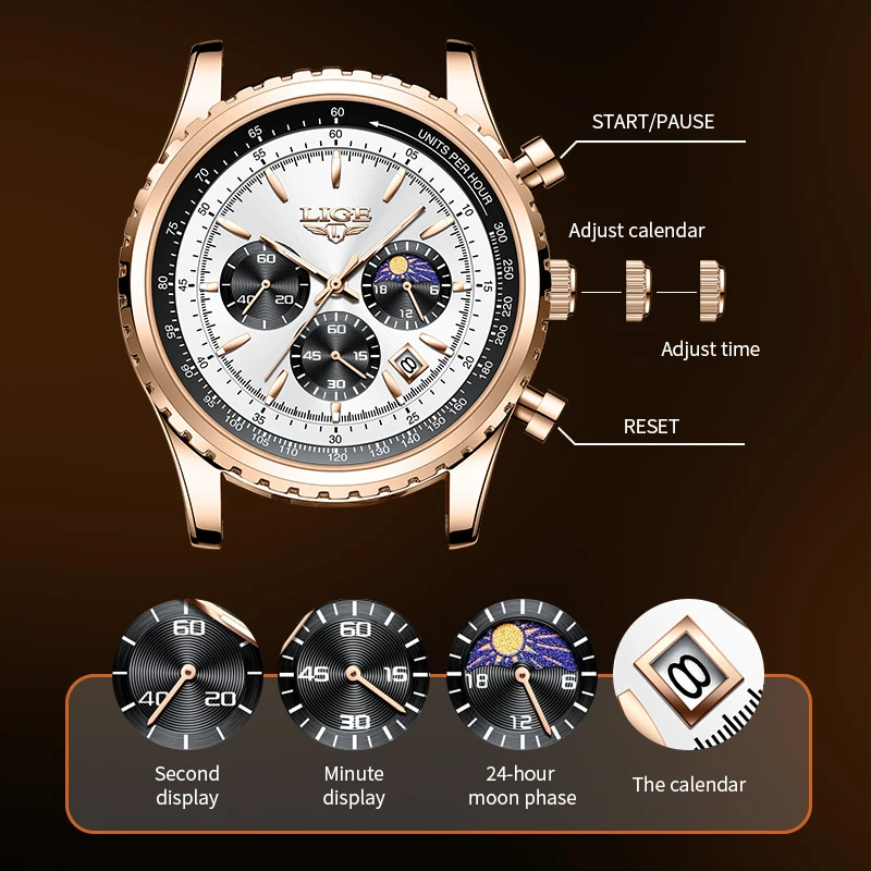 LIGE Herren-Luxusuhr, weiches Lederarmband, Datum, Sport, Quarzuhren, modisch, sechs Zeiger, wasserdicht, Chronograph, Business-Herrenuhr