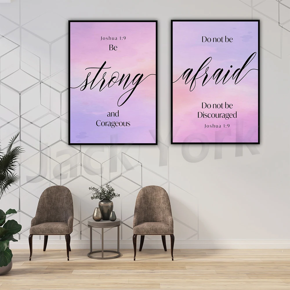Verse Wall Art Joshua 1:9 Be Strong and Corageous Scripture Decor Watercolor Modern Christian Gift for Women