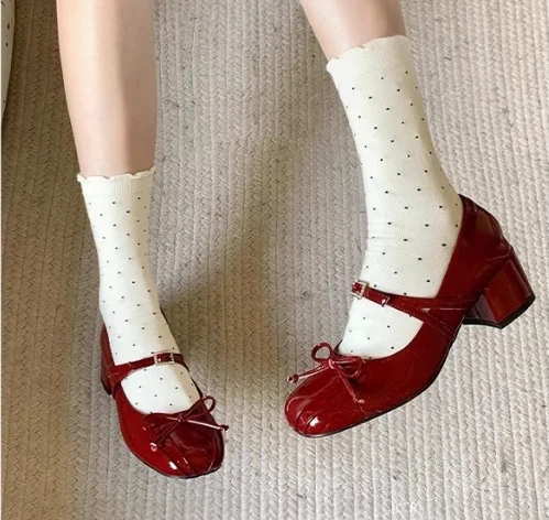Patent Leather Red Butterfly-Knot Round Toe Women Marry Jane Shoes Chunky High Heels Rhinestone Buckle Strap Design Shoes