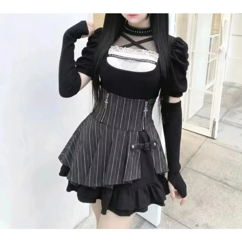 Women Gothic Lolita 2 Piece Set Short Sleeve Blouse and Stripe Above Knee Skirt Y2K Punk Outfit