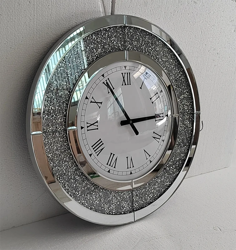 50 Silver Round Mirror Clock Crystal Sparkle Twinkle Bling Crush Diamond Glass Mirrored Large Wall Clock Home Decor Dropshipping