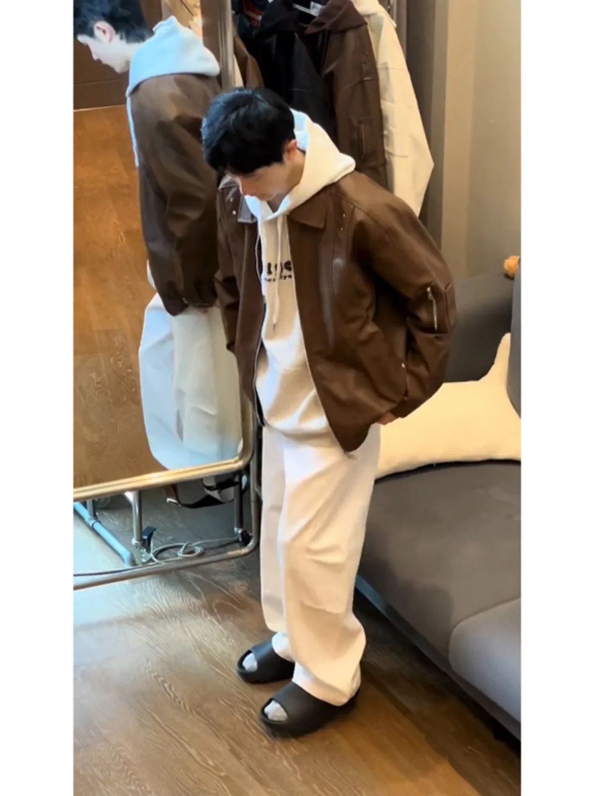 

Retro Brown Leather Jaet Men's Sle Fall Trendy High-End American Detroit Jaet Youthful Vitali Loose Fit Zipper Closure